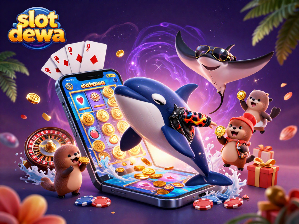 Slot dewa menampilkan orca, stingray, dan beruang laut dengan koin emas dalam desain kasino yang ceria.