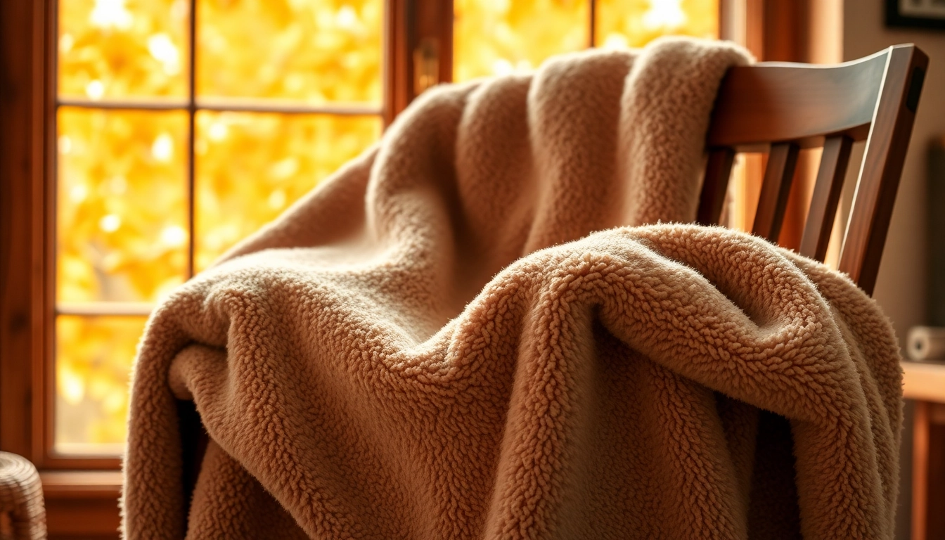 Fleece deken elegant over een houten stoel, uitnodigende sfeer en warme uitstraling.