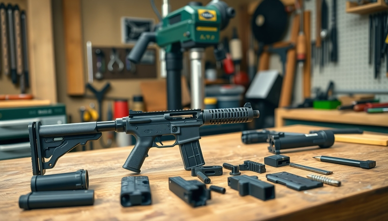 Assemble the polymer80 glock 19 pf940c complete kit on a workshop bench with tools and components.