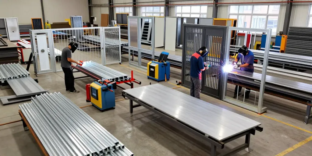 Metal fabricator workshop with artisans crafting gates and doors, showcasing skilled workmanship and bright industrial lighting.