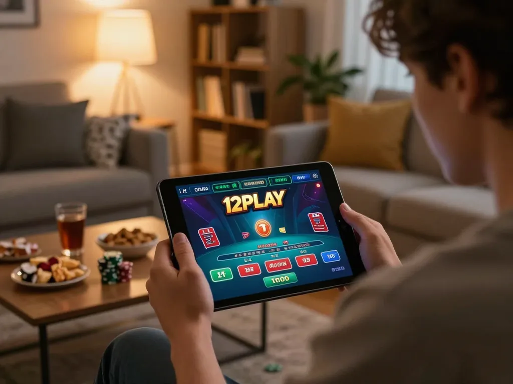 Engaging scene of a player using เว็บพนัน 12PLAY on a tablet in a cozy home setting with snacks and warm lighting.