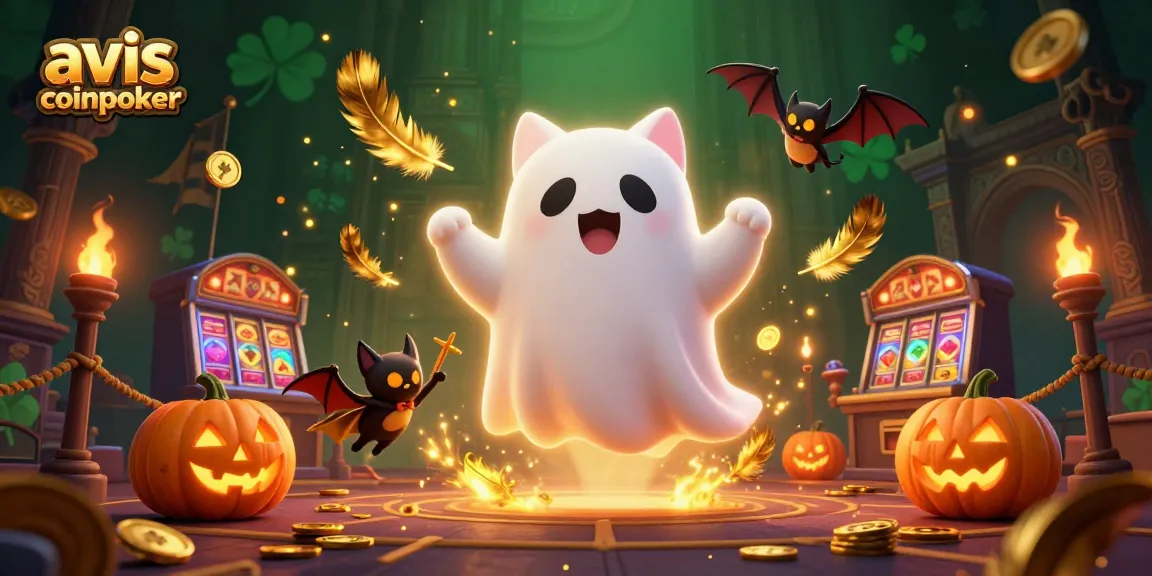 Découvrez l'avis CoinPoker avec un chat fantôme ludique flottant et des éléments de jeu animés dans un casino.