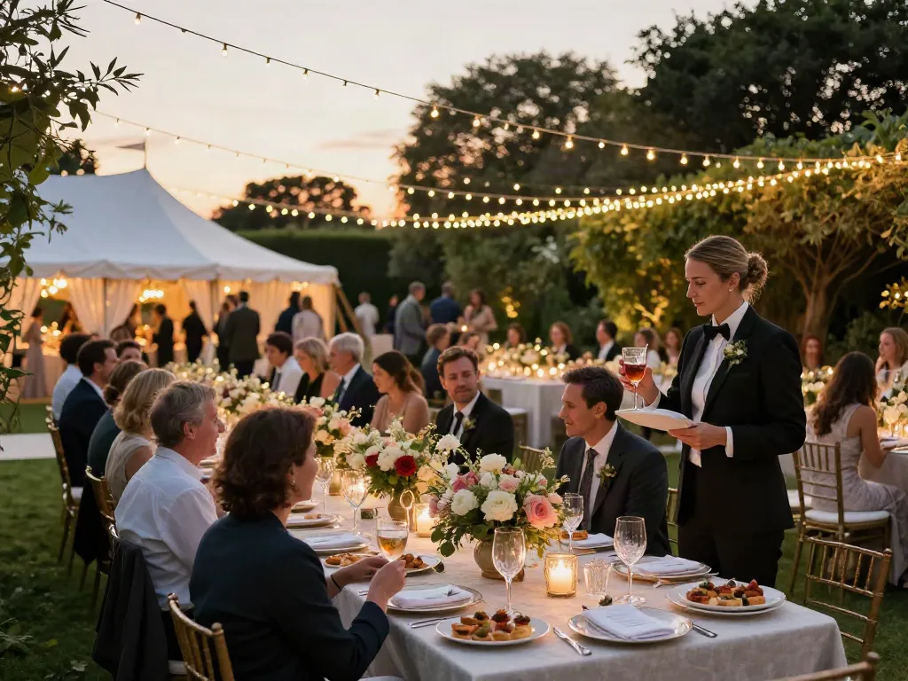 Event rentals transforming an outdoor garden into an elegant wedding reception.