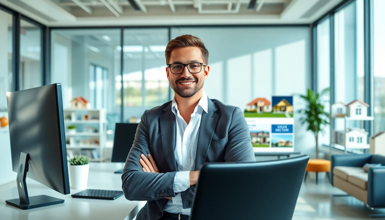 Showcasing real estate properties with a professional agent in a modern office.
