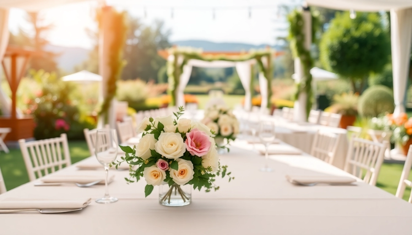 Elegant table rentals setup for an outdoor wedding with floral decor and natural lighting.