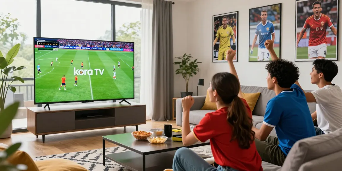Friends enjoying a thrilling match day while watching kora tv in a lively living room.