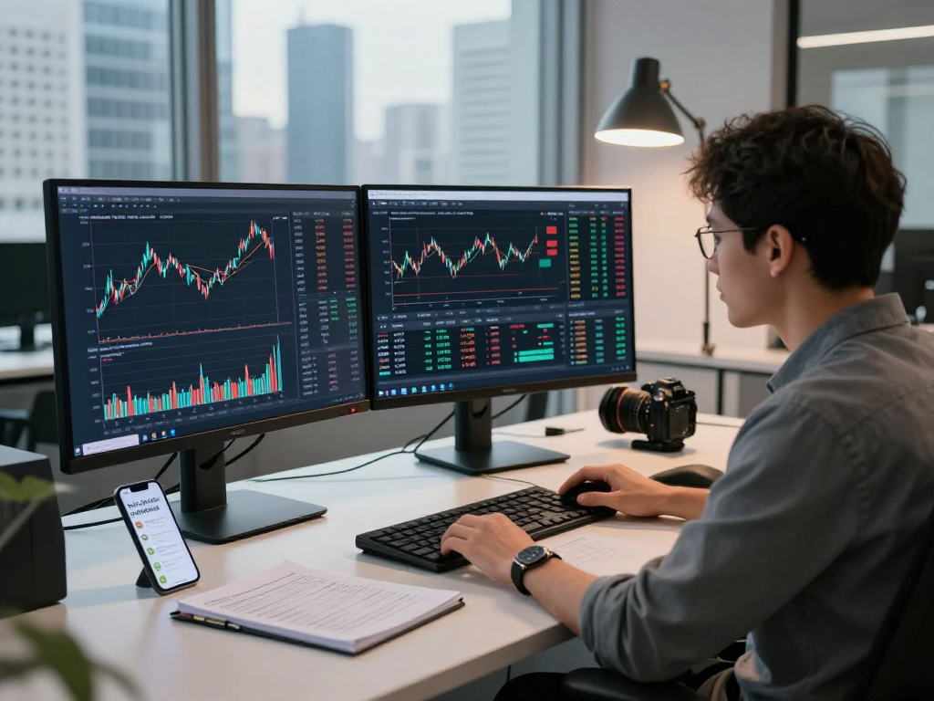 Nikkei 225 index API data stream displayed on multiple monitors in a modern fintech workspace, showcasing live market analytics.