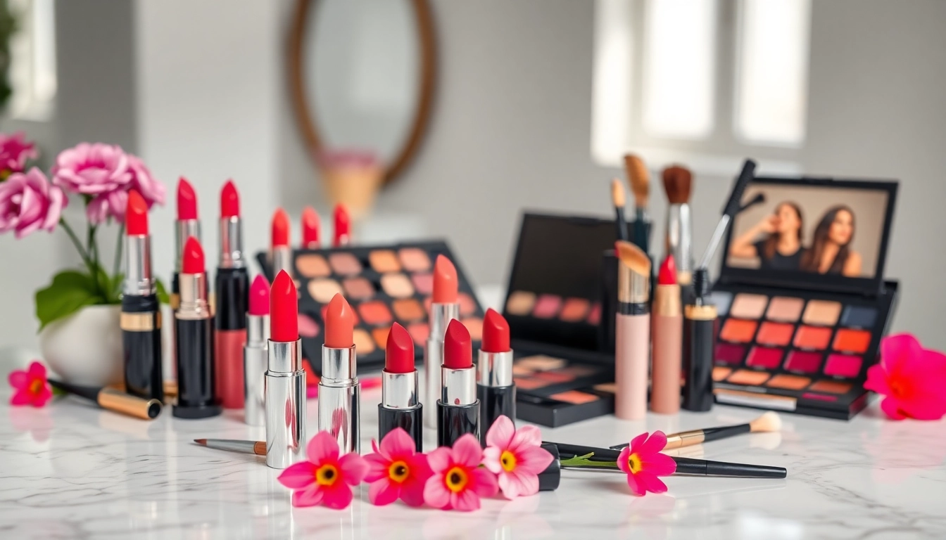 Showcase of wholesale makeup products featuring vibrant lipsticks and palettes on a marble countertop.
