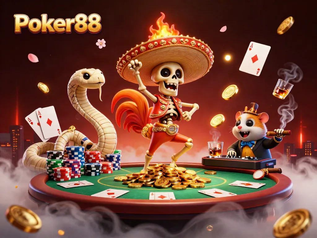 Engage in Poker88 with a lively fiesta featuring a victory-dancing skeleton, a mummy snake, and a DJ hamster in a vibrant poker scene.