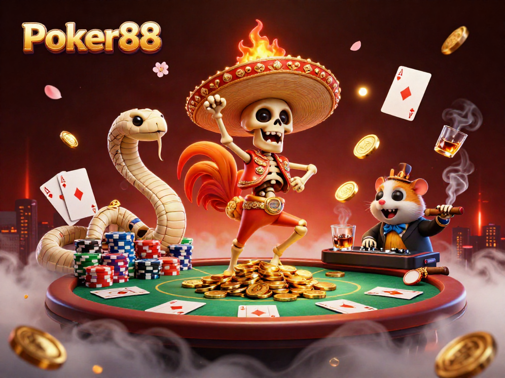 Engage in Poker88 with a lively fiesta featuring a victory-dancing skeleton, a mummy snake, and a DJ hamster in a vibrant poker scene.