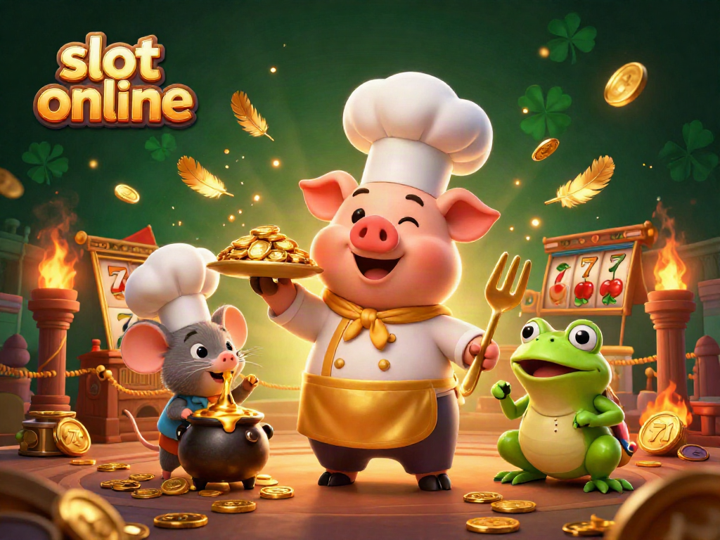 Permainan slot online: ilustrasi kartun 3D dengan babi, tikus, dan katak di kasino