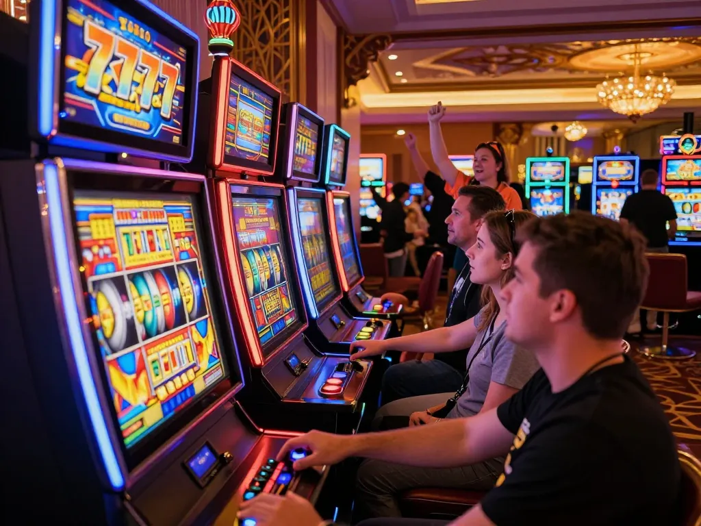Playing slot777 games on vibrant casino floor filled with engaging slot machines.