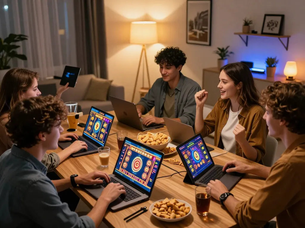 Engaging home gaming night featuring friends playing slot online on tablets