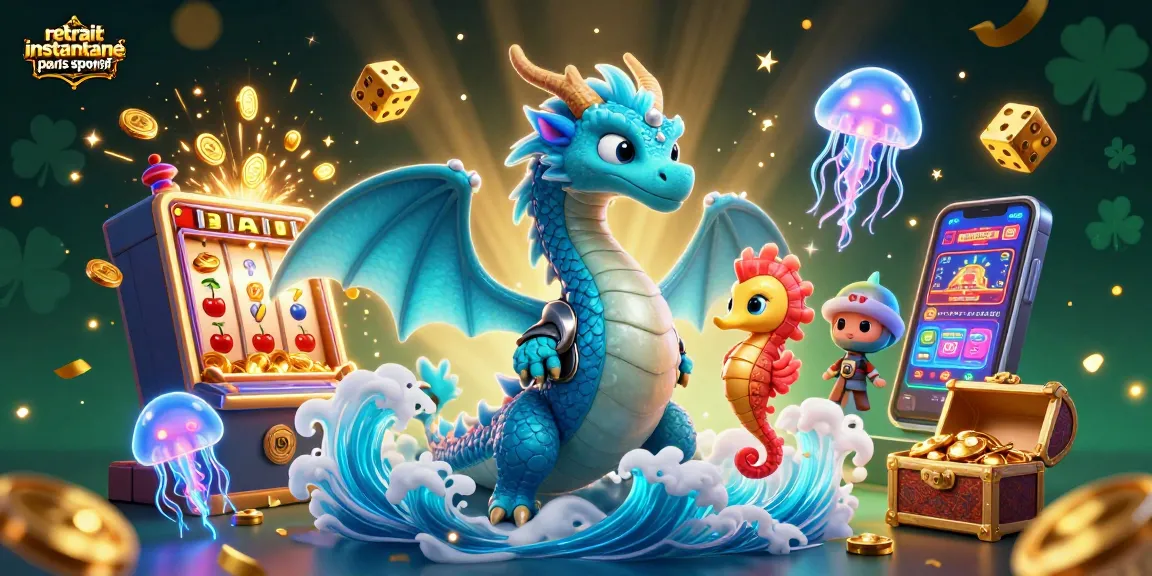 Retrait instantané paris sportif : Visualisez un dragon aquatique entouré de joyaux et de gains rapides