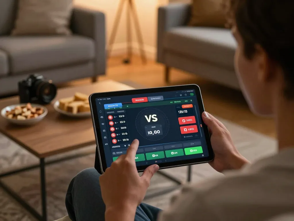 Engaging in sports betting on a tablet in a cozy home environment while exploring siti scommesse stranieri sicuri.