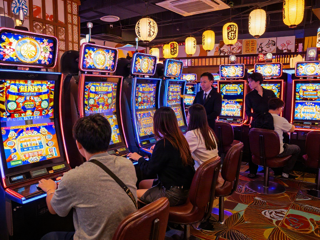 Players enjoying vibrant slot jepang machines in a lively Japanese-themed casino.