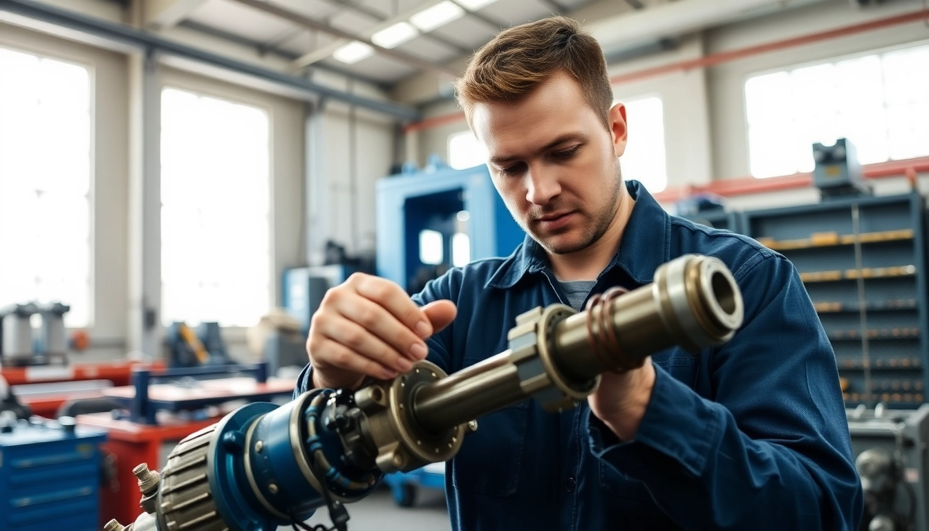 Technician providing hydraulic repair services in a clean industrial workshop with tools and cylinders.
