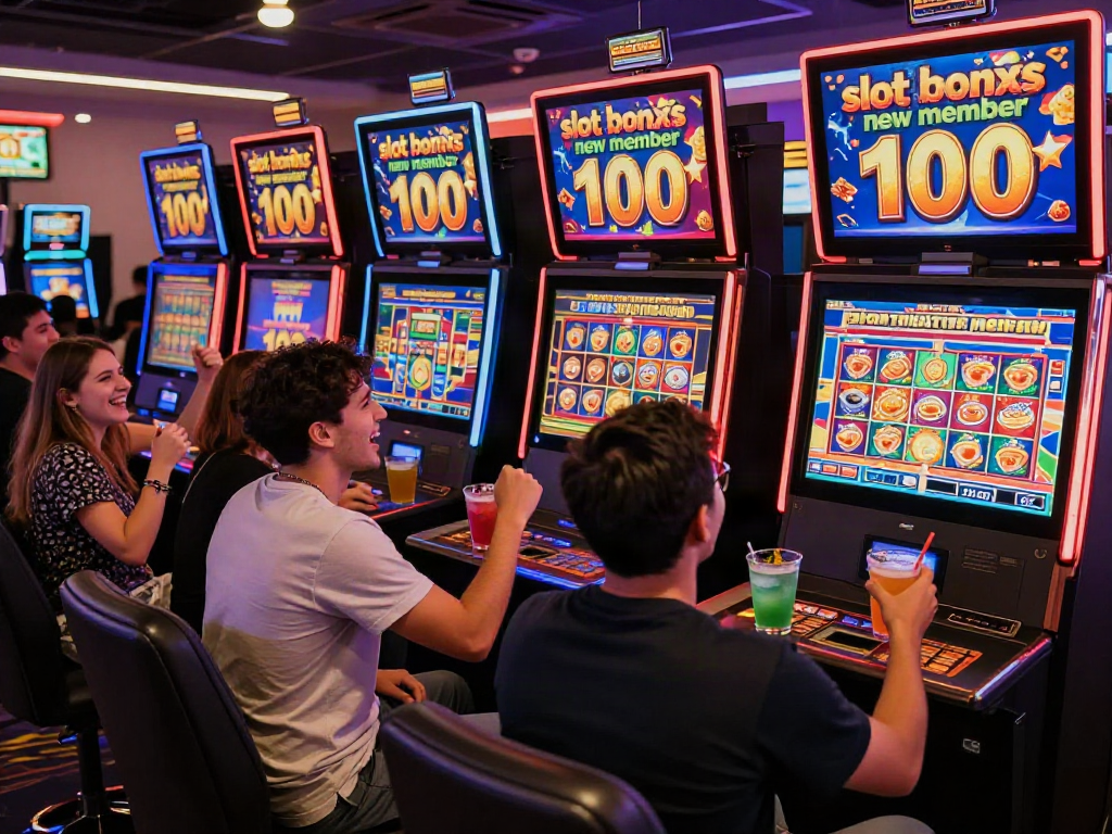 Excited players enjoying the slot bonus new member 100 at a lively casino.