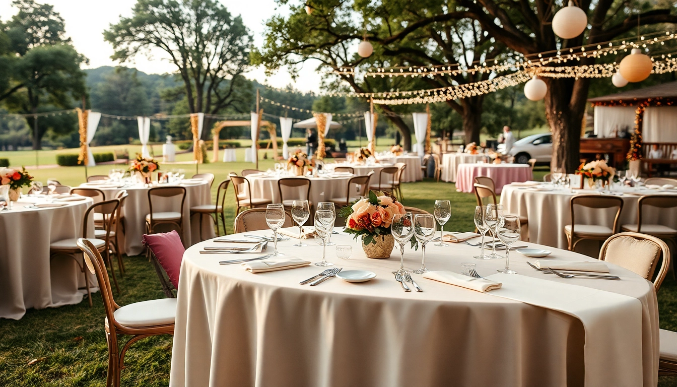 Stunning Table Rentals creatively arranged for an outdoor wedding event.