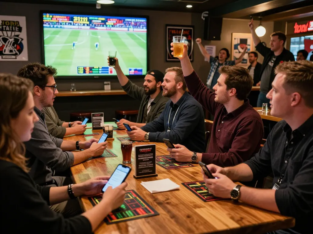 Sports fans engaging in live betting action with hitclubapk app at a vibrant sports bar setting