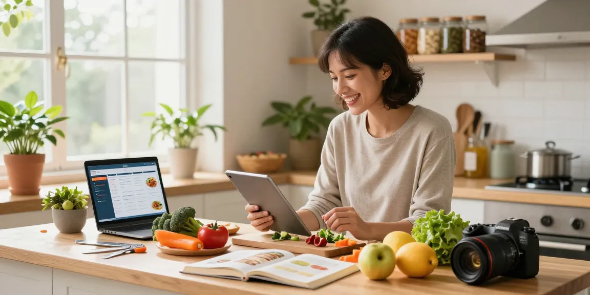 Using the best food tracker in a bright kitchen filled with fresh ingredients.