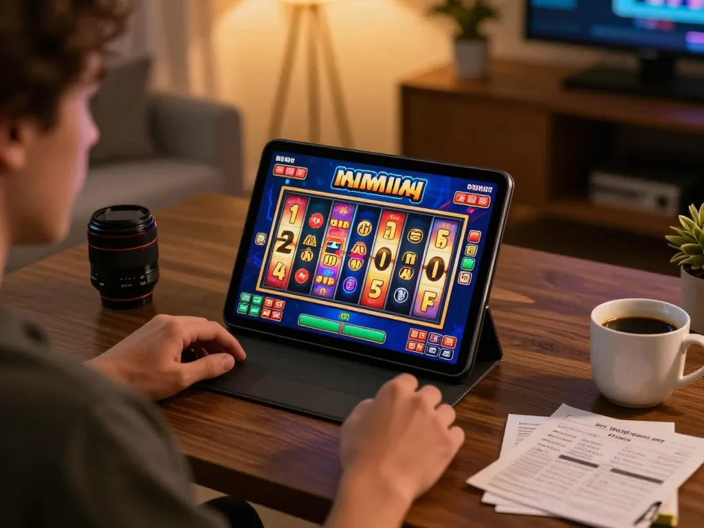 Engaging slot gaming session on a tablet, showcasing vibrant reels and casual home setting.