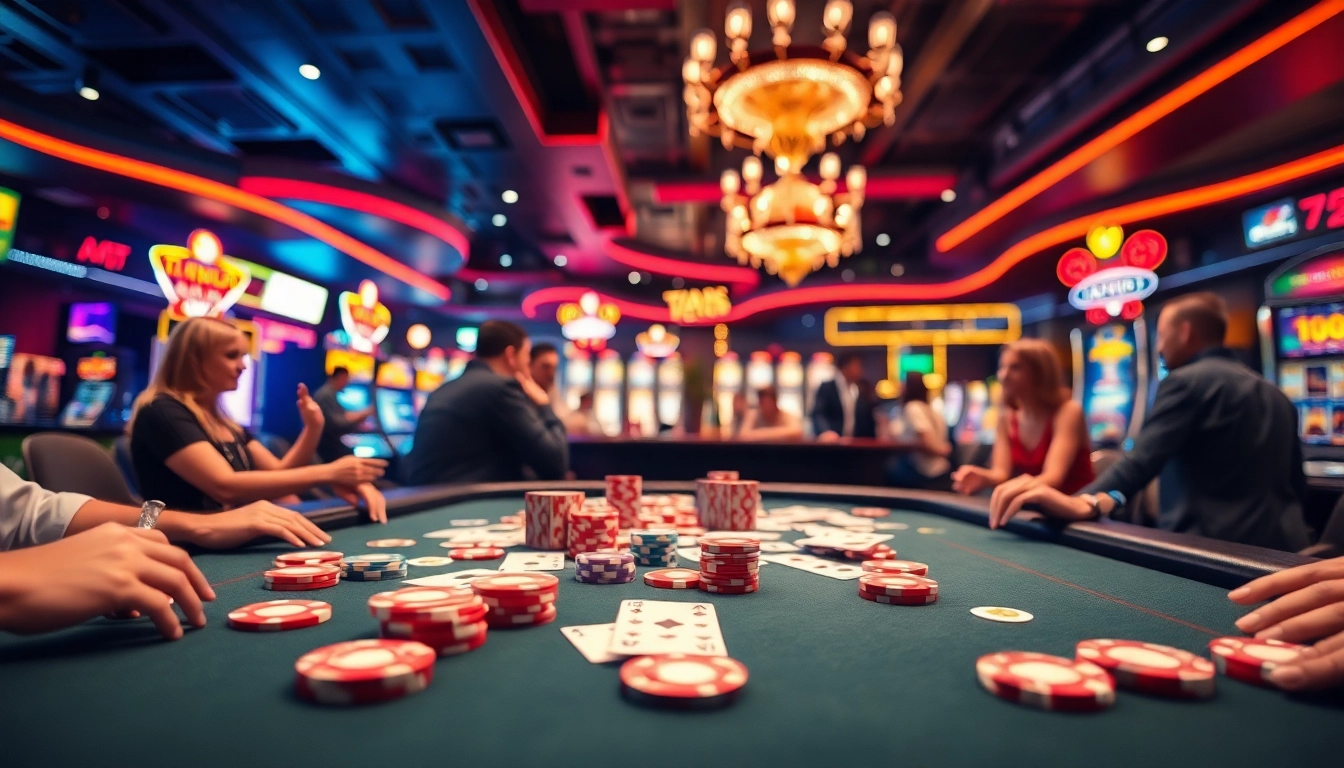 Erleben Sie neue casino bonus ohne einzahlung in einem lebhaften Casino mit bunten Chips und Karten.