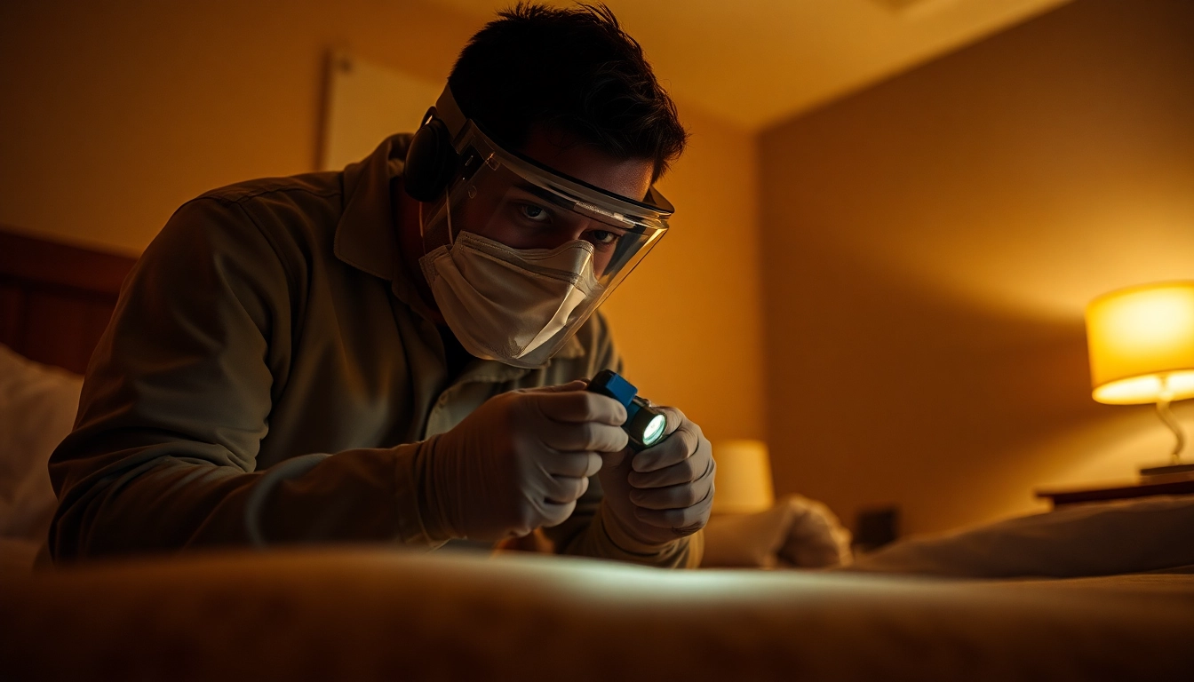 Efficient bedbugs exterminator near me inspecting a bed frame in a dimly lit room.