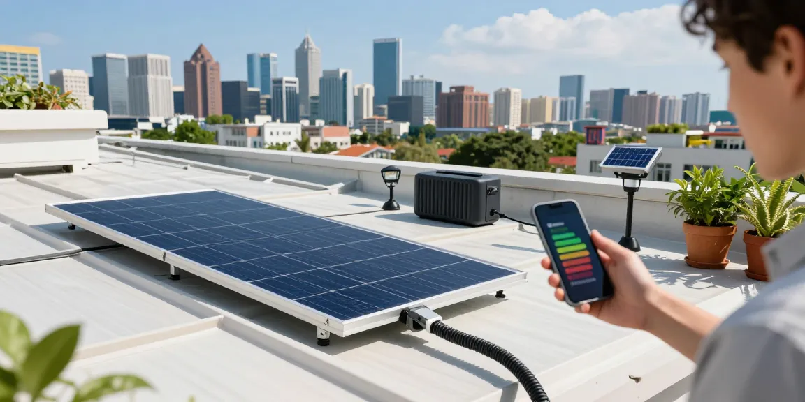 Flexible Solar Panel installation on a rooftop terrace with solar storage systems in a vibrant city setting.