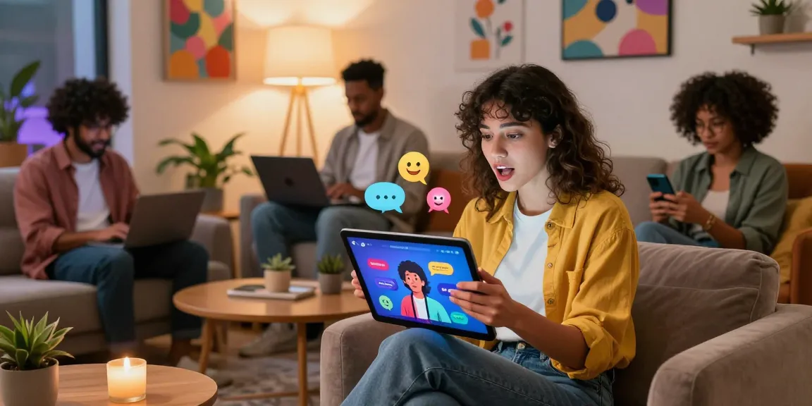 Interactive lounge scene featuring users engaged with ai nsfw chat interfaces, showcasing modern technology in a relaxed atmosphere.