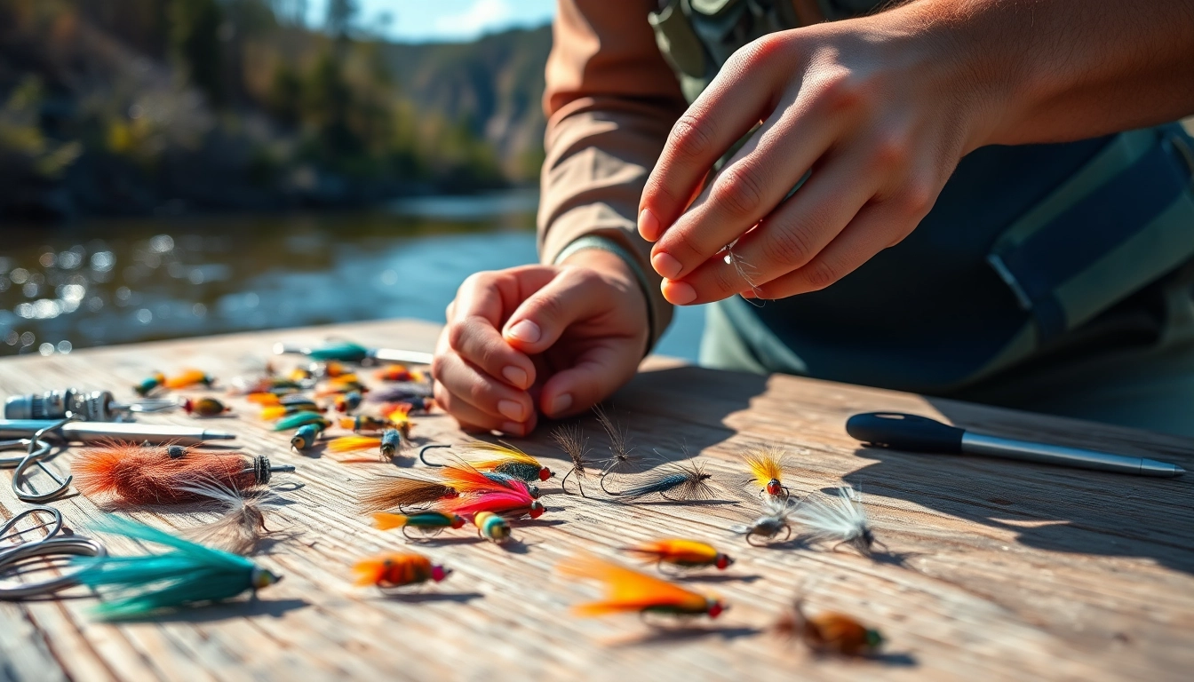 Fly tying expert skillfully crafts a colorful fly surrounded by tools and nature.