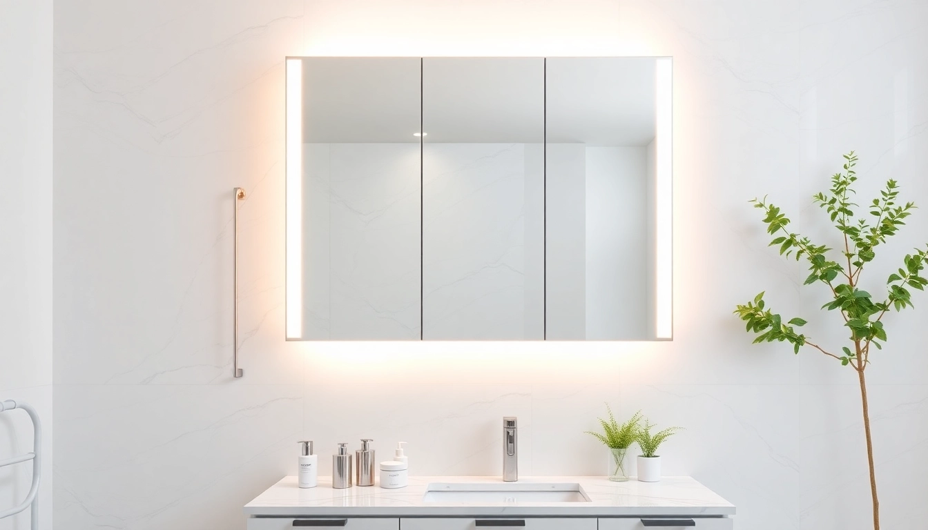 Showcasing a modern mirrored bathroom cabinet with light above a stylish vanity.