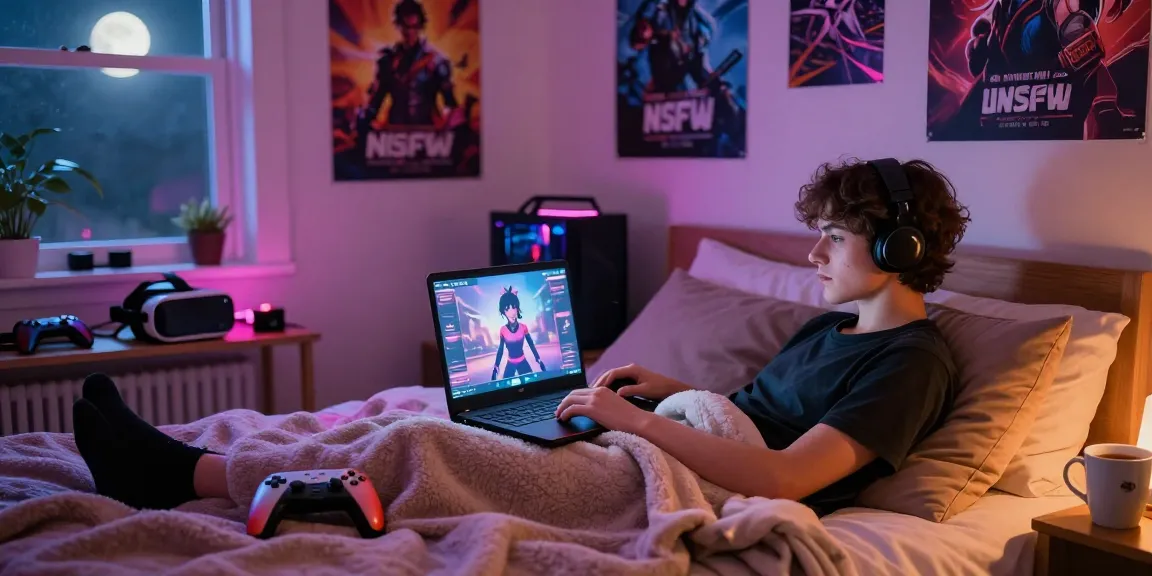 Youth enjoying an NSFW AI gaming experience on a laptop in a cozy bedroom.