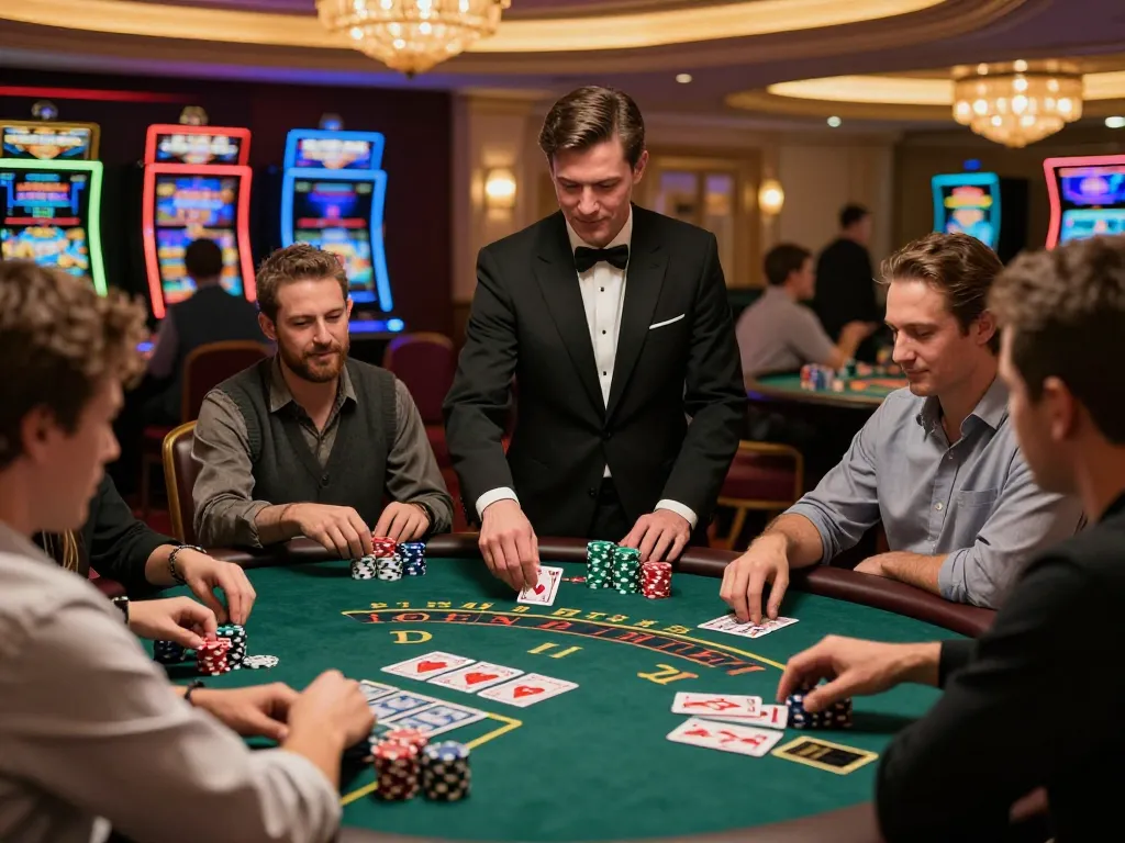 Sky88pa players engaged at a blackjack table, chips stacked high amid vibrant casino atmosphere.