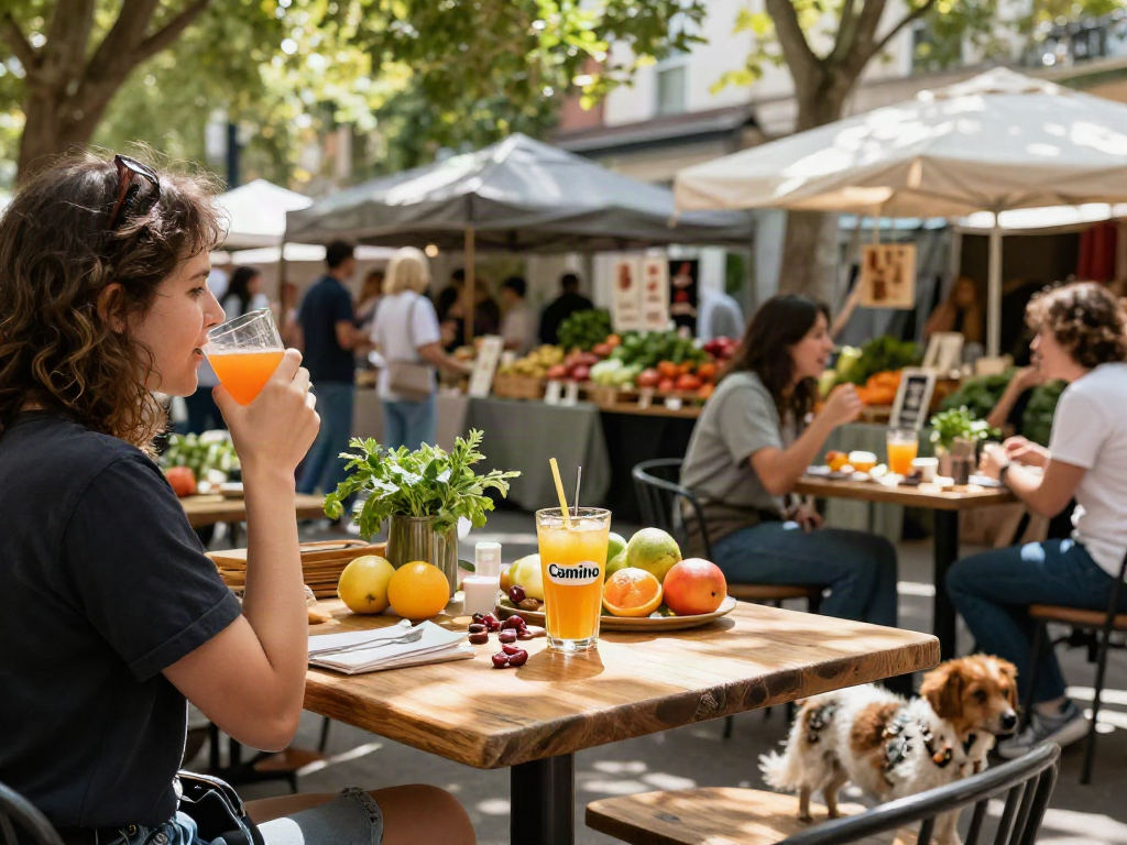Person enjoying Camino freshly squeezed juice at a vibrant outdoor market café.