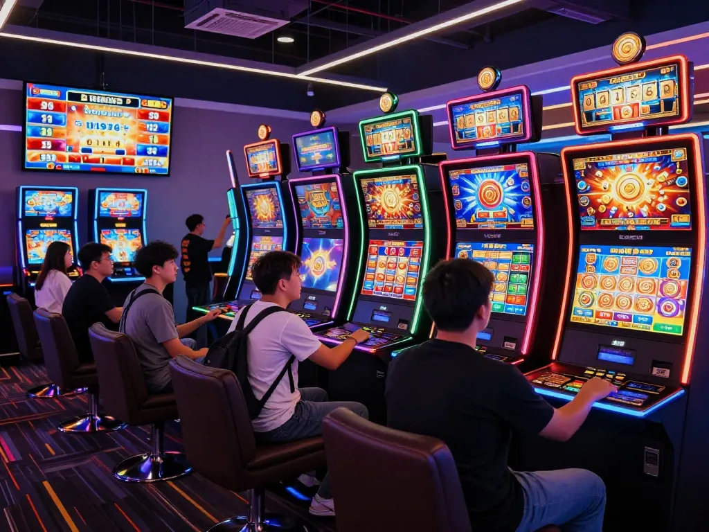 Immersive slot gacor hari ini gaming experience with vibrant visuals and players engaged in high-energy atmosphere.
