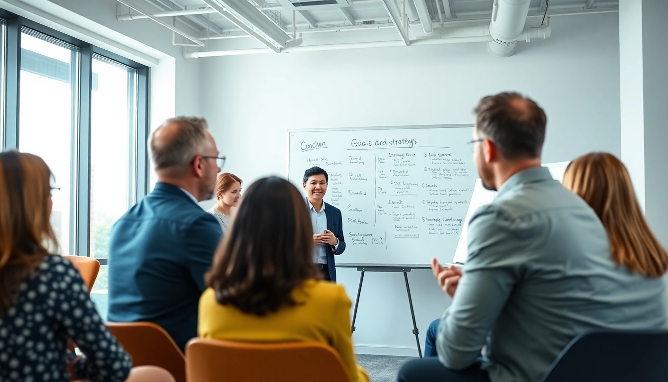 Engaging business coaching near me with a diverse group in a modern office environment.