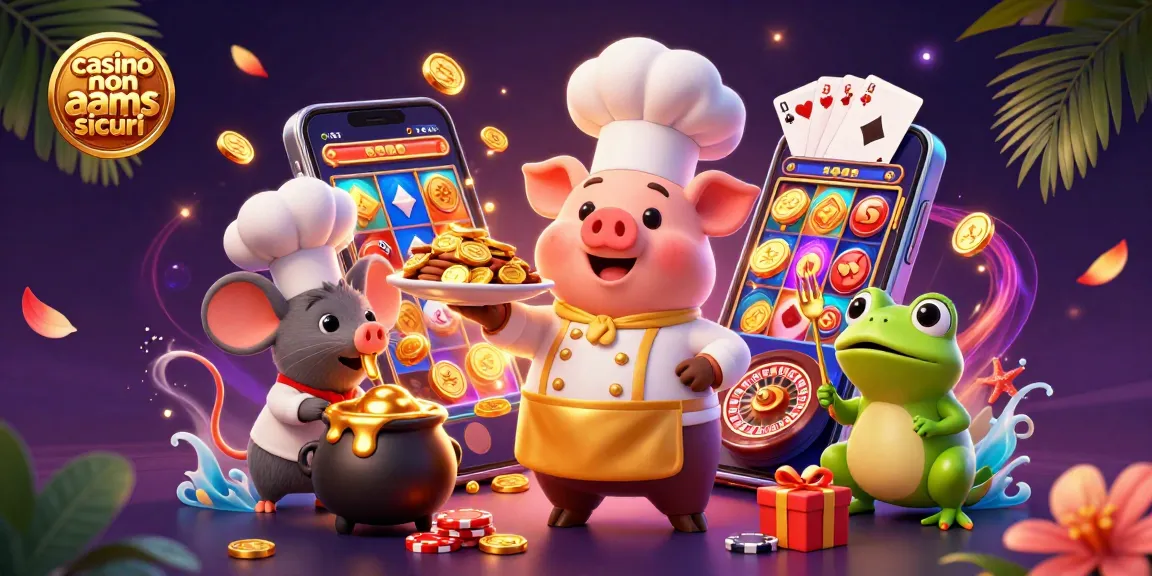 Casinò non AAMS sicuri: chef maiale serve monete d'oro in un ambiente di gioco vibrante e dettagliato.