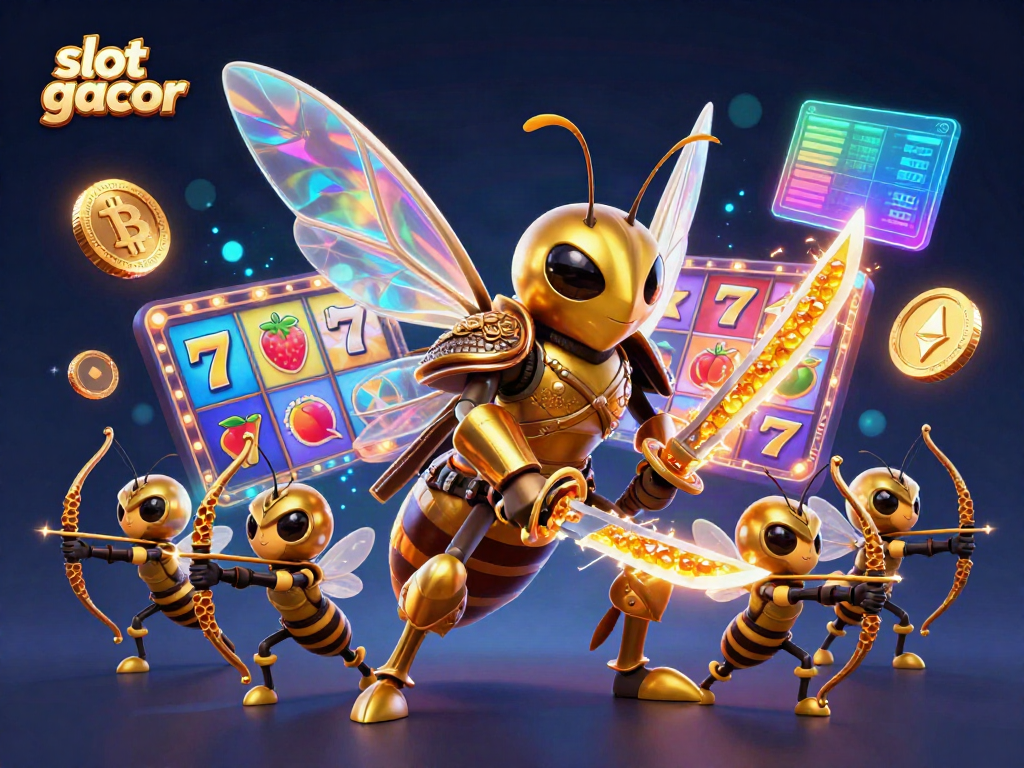 Gambaran slot gacor yang megah dengan karakter hornet, slot reels, dan koin digital.