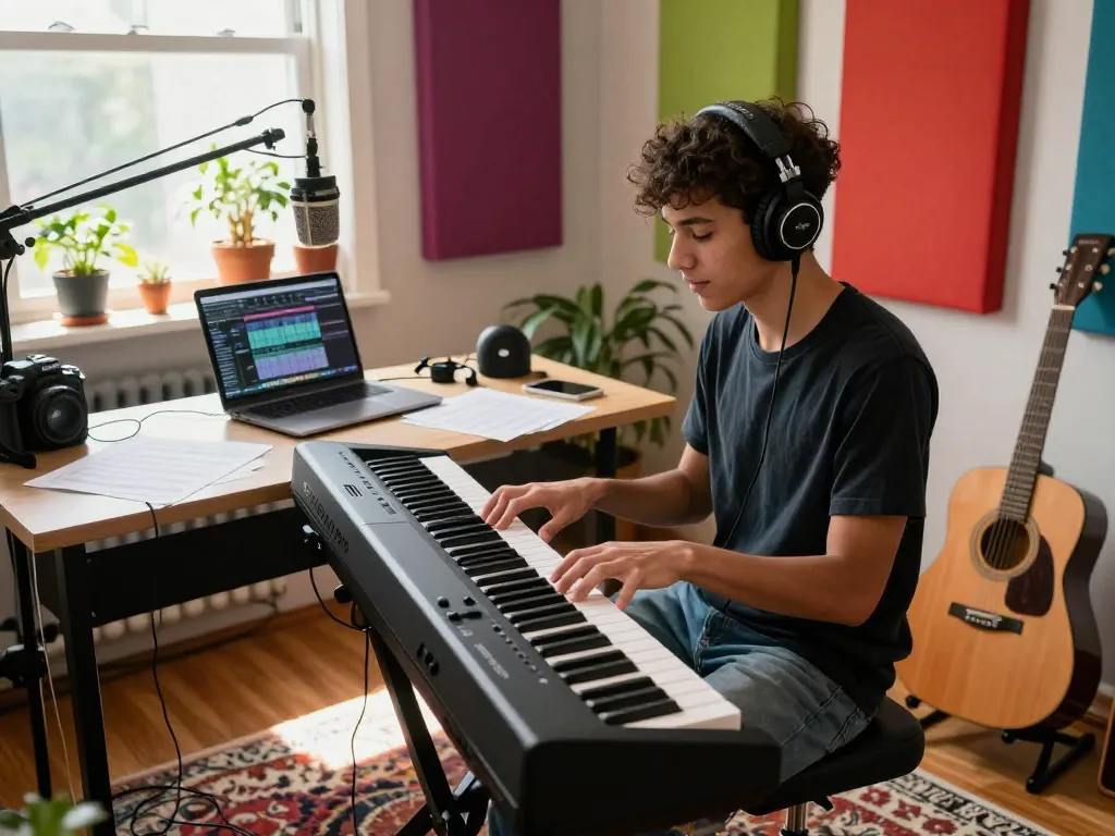 Young musician plays the go 88 digital piano in a vibrant home studio