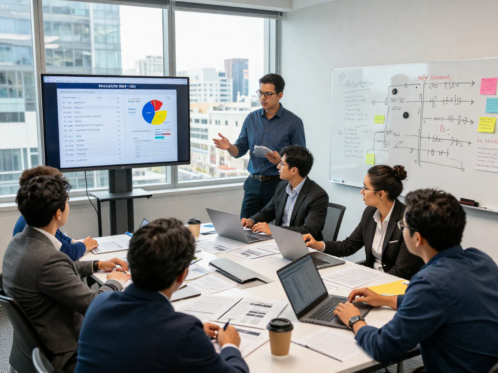 Team analyzing political ad ROI measurement data in a modern office setting, showcasing strategy development.