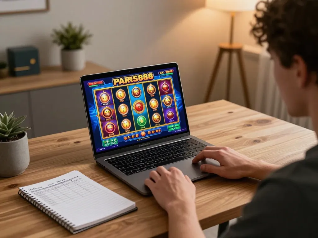 Player enjoying a thrilling session on Paris888's slot games from a cozy home workspace, highlighting responsible gaming.