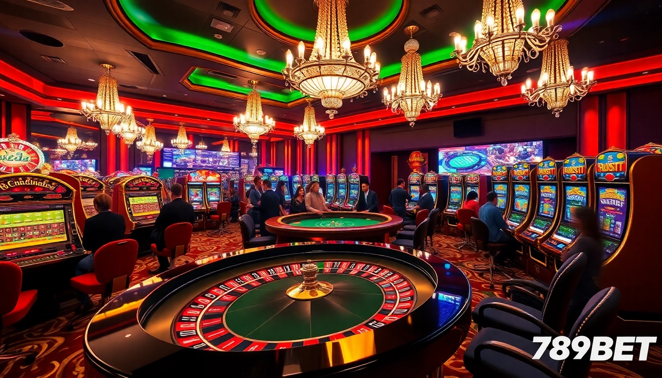 Players enjoying thrilling games at 789BET’s luxurious casino, featuring slot machines and roulette tables.