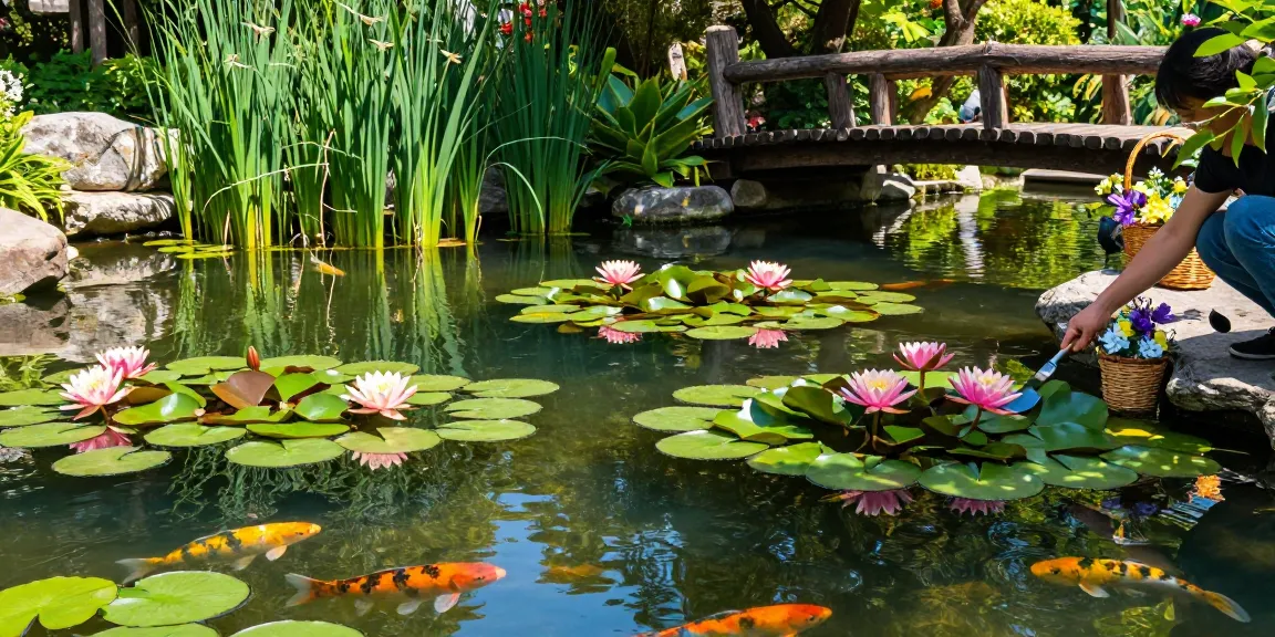 Beautiful water lilies floating in a serene pond, showcasing vibrant colors and lush greenery in a tranquil garden setting.