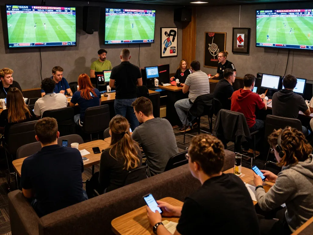 Cà Khịa TV sports betting scene with fans cheering during live matches, showcasing energetic atmosphere and live screens.
