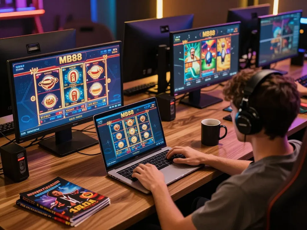 Engaging online gaming moment featuring MB88 casino games on multiple screens