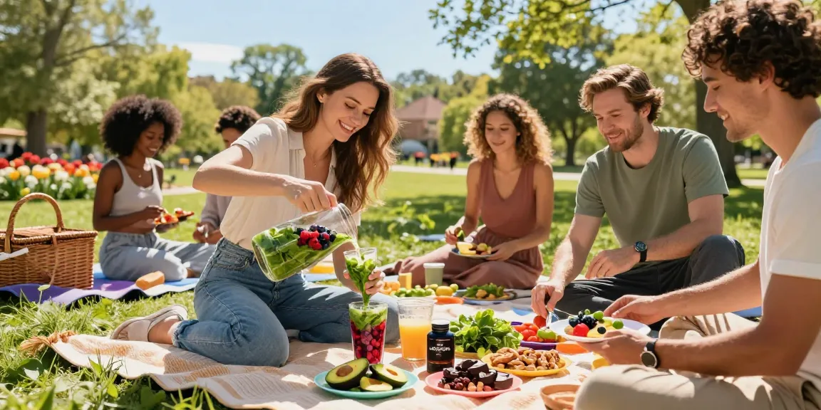 Group enjoying antioxidant supplement Canada picnic with smoothies and vibrant foods in sunny park.