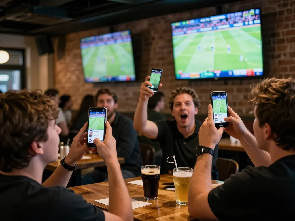 Fans engaging with 388bet app for live sports betting in an exciting sports bar atmosphere