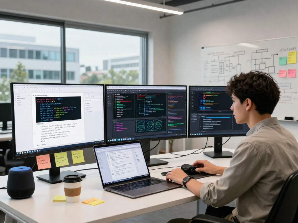 Data scientist analyzing machine learning models in a vibrant tech workspace, showcasing crush on ai innovations.