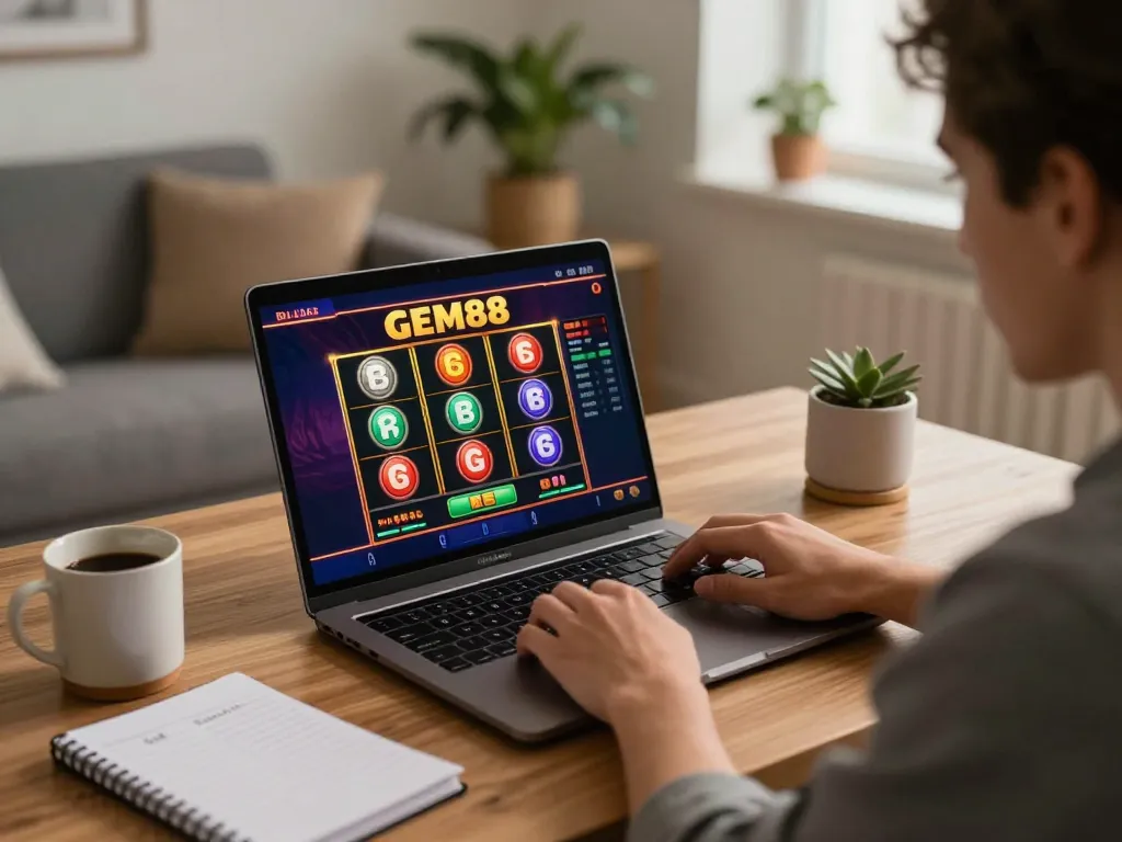 Player immersed in GEM88 online slots on laptop in cozy home office.